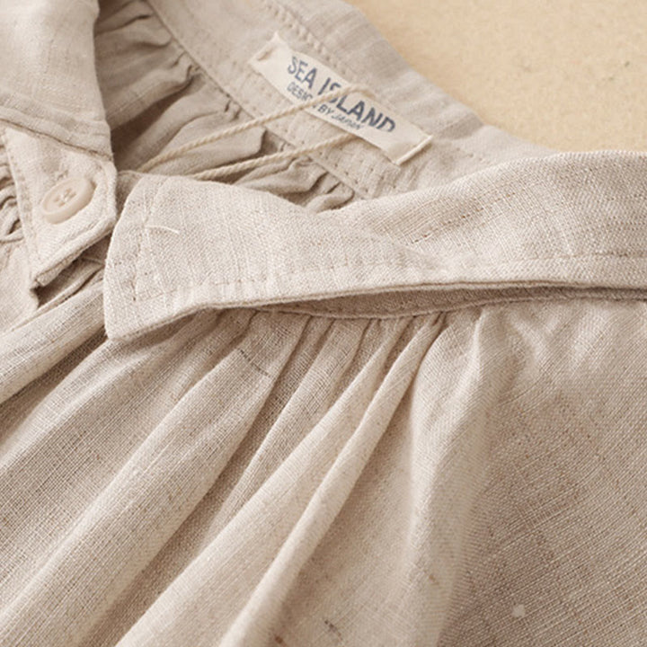 Buddha Stonesベージュ ボタン ラペルデザイン 長袖 コットン ミディドレス ポケット付き - image 3