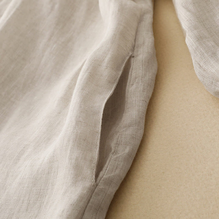 Buddha Stonesベージュ ボタン ラペルデザイン 長袖 コットン ミディドレス ポケット付き - image 4