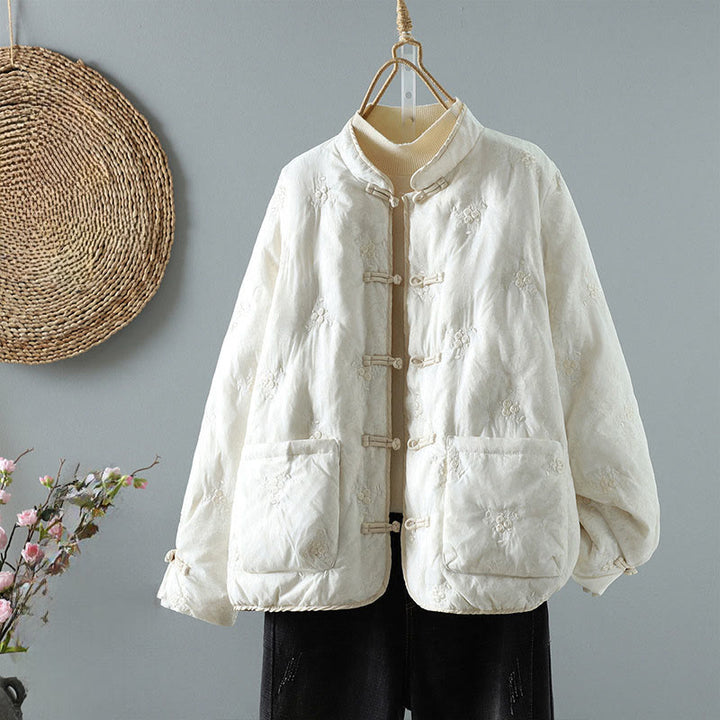 Buddha Stones花柄フロッグボタンスタンドカラー レディース 長袖 コットン 厚手ジャケット ポケット付き - 象牙 - US8-10，UK/AU12-14，EU40-42 (2XL) - image 0