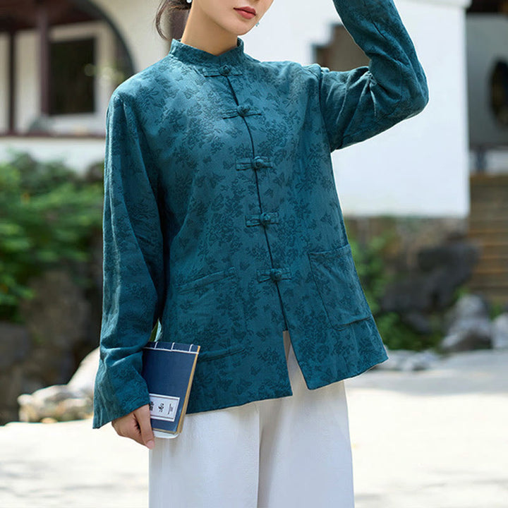 Buddha Stonesフロッグボタン 長袖 コットン ジャカード レディース シャツ パンツ ポケット付き - 青いシャツ - US8-10，UK/AU12-14，EU40-42 (2XL) - image 0