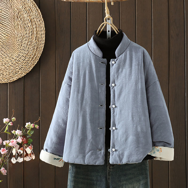 Buddha Stonesカエルボタン 無地 柄 レディース 長袖 コットン 厚手 ジャケット 花柄 カフス付き - ライトスチールブルー - US8-10，UK/AU12-14，EU40-42 (2XL) - image 0