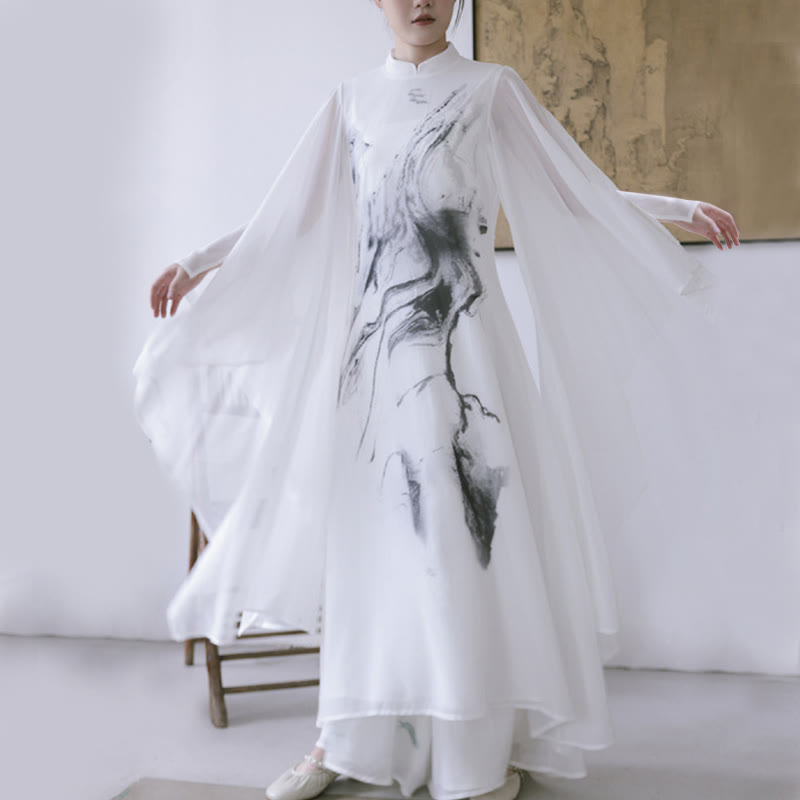 Buddha Stonesホワイトインクプリントデザイン 半袖 レディース 瞑想 ミディドレス パンツ 禅服 - image 2