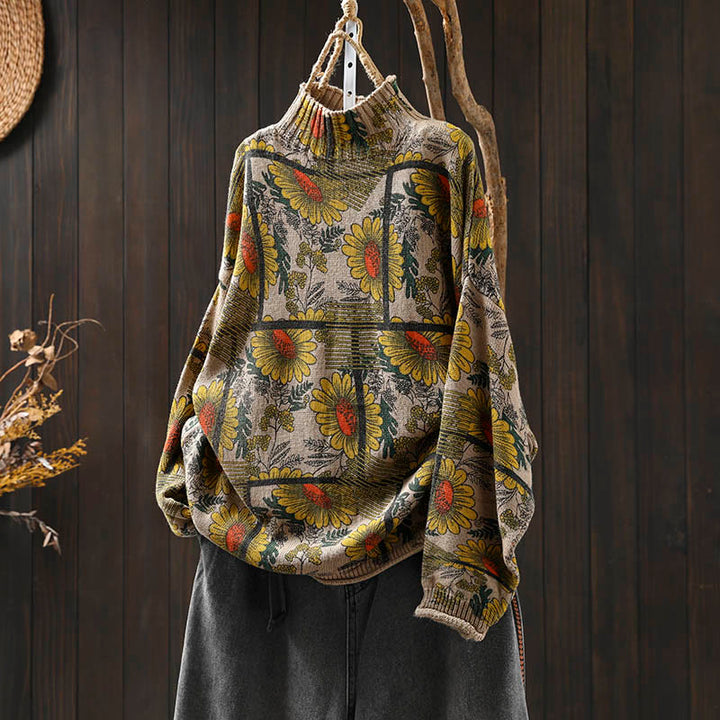 Buddha Stonesひまわり柄 モックネック 長袖 レディース コットンセーター - リネン - US4-8/10、 UK/AU8-12/14、 EU36-40/42 (F) - image 0