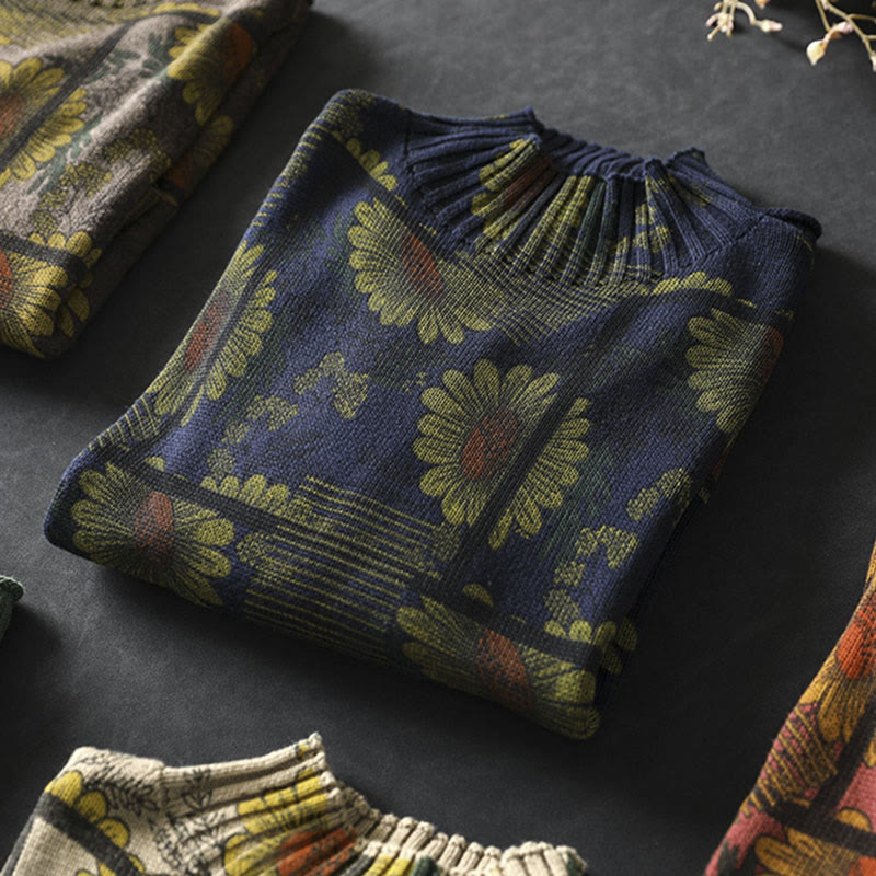 Buddha Stonesひまわり柄 モックネック 長袖 レディース コットンセーター - image 6