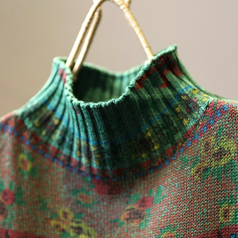 Buddha Stones冬 カラーブロック フラワー柄 モックネック 長袖 レディース コットンセーター - image 6