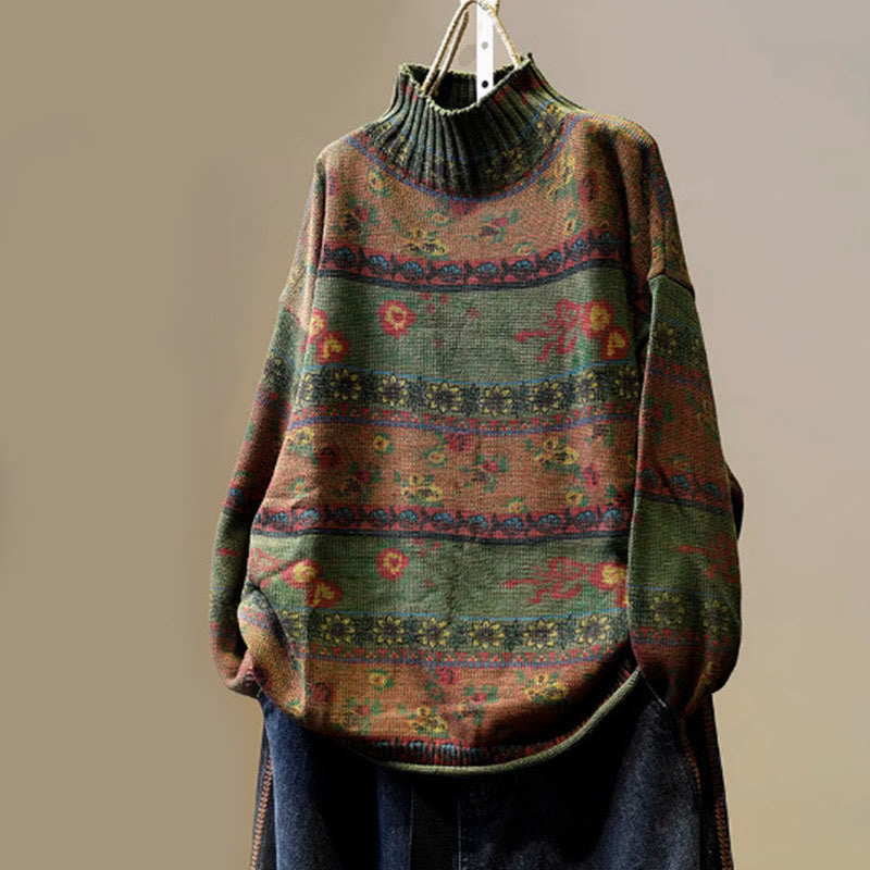 Buddha Stones冬 カラーブロック フラワー柄 モックネック 長袖 レディース コットンセーター - ダークオリーブグリーン - US4-6、 UK/AU8-10、 EU36-38 (F) - image 15