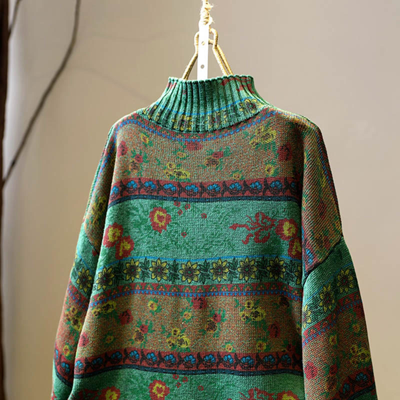 Buddha Stones冬 カラーブロック フラワー柄 モックネック 長袖 レディース コットンセーター - image 5