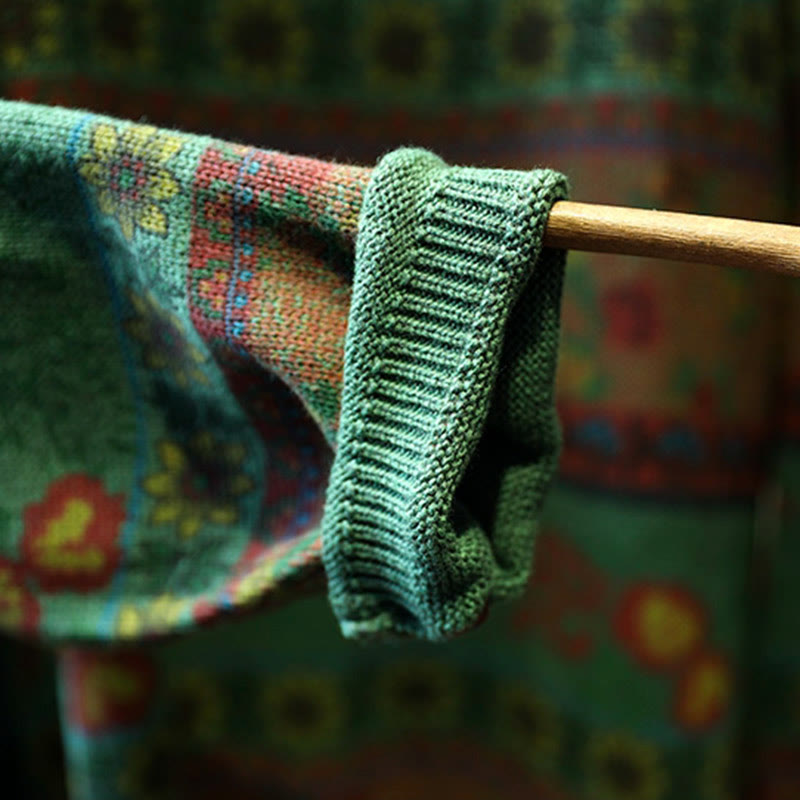 Buddha Stones冬 カラーブロック フラワー柄 モックネック 長袖 レディース コットンセーター - image 9