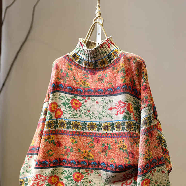 Buddha Stones冬 カラーブロック フラワー柄 モックネック 長袖 レディース コットンセーター - image 1