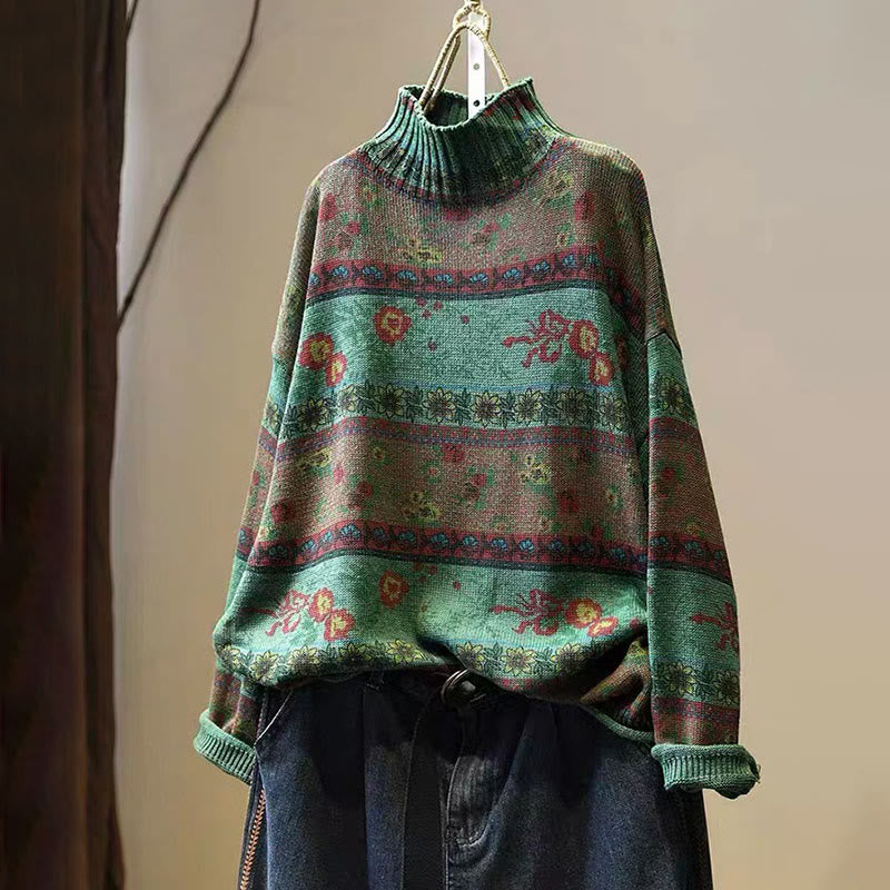 Buddha Stones冬 カラーブロック フラワー柄 モックネック 長袖 レディース コットンセーター - ミディアムシーグリーン - US4-6、 UK/AU8-10、 EU36-38 (F) - image 2