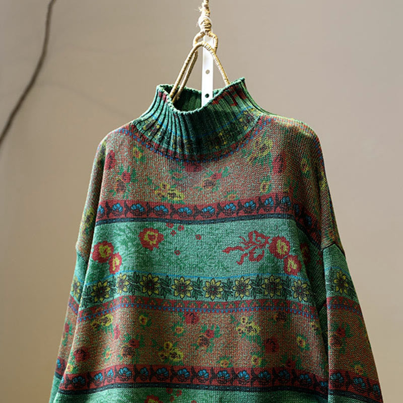 Buddha Stones冬 カラーブロック フラワー柄 モックネック 長袖 レディース コットンセーター - image 4