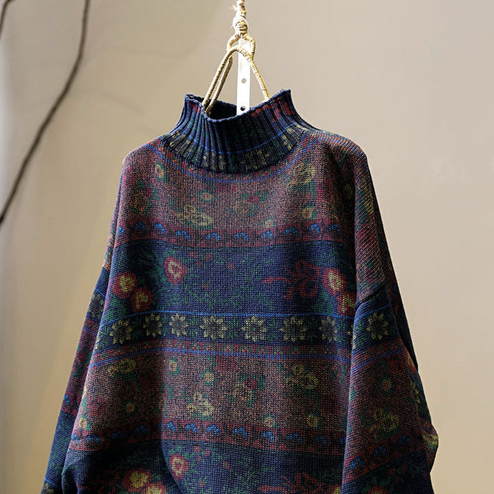 Buddha Stones冬 カラーブロック フラワー柄 モックネック 長袖 レディース コットンセーター - image 12