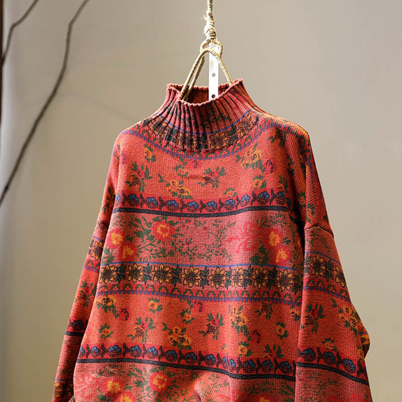 Buddha Stones冬 カラーブロック フラワー柄 モックネック 長袖 レディース コットンセーター - image 14