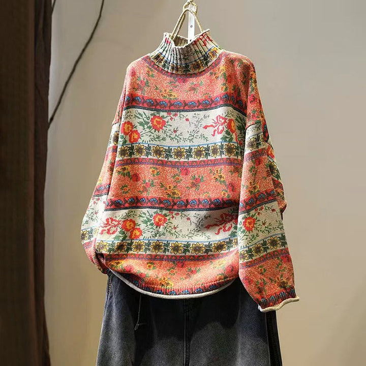 Buddha Stones冬 カラーブロック フラワー柄 モックネック 長袖 レディース コットンセーター - コーラル - US4-6、 UK/AU8-10、 EU36-38 (F) - image 0