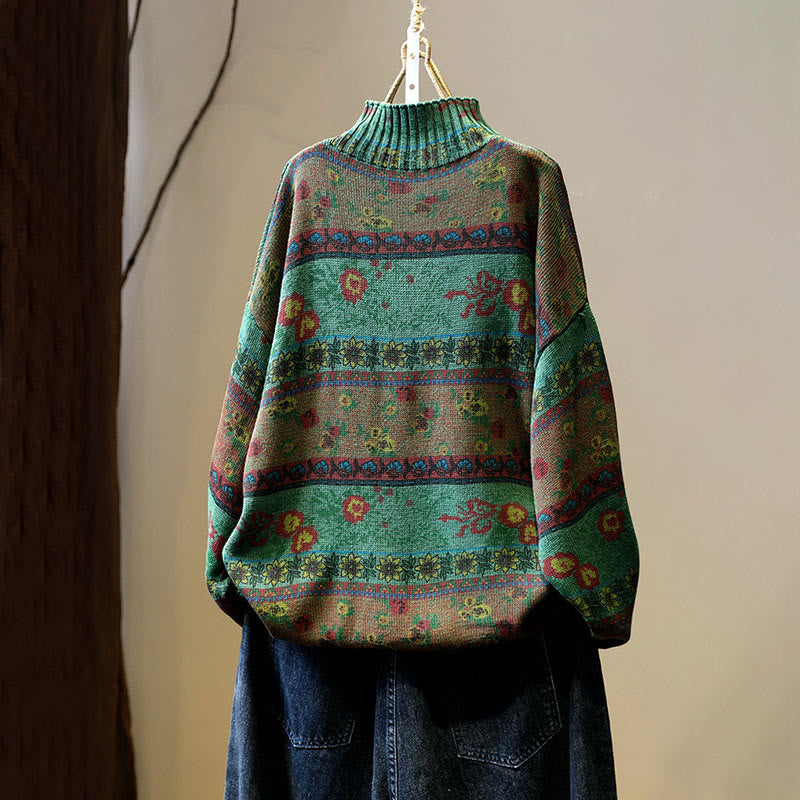 Buddha Stones冬 カラーブロック フラワー柄 モックネック 長袖 レディース コットンセーター - image 3