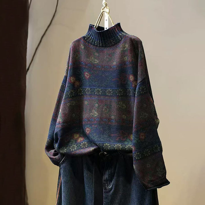 Buddha Stones冬 カラーブロック フラワー柄 モックネック 長袖 レディース コットンセーター - ミッドナイトブルー - US4-6、 UK/AU8-10、 EU36-38 (F) - image 11