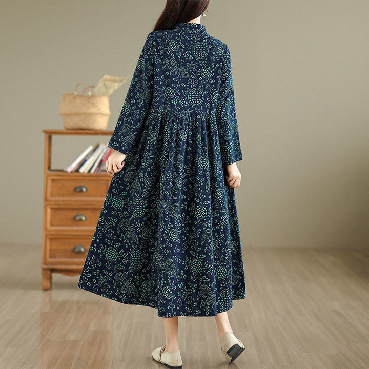 Buddha Stonesプリント花柄ロングスリーブスタンドカラーコットンマキシドレス（ポケット付き） - image 3