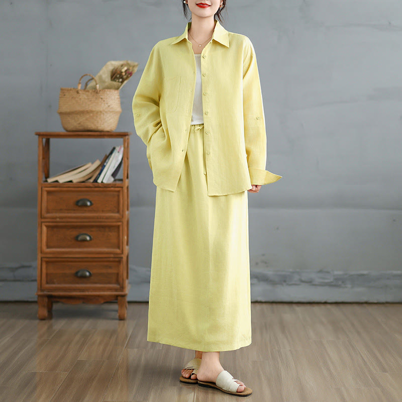 Buddha Stones 2点セット 無地 長袖 ボタンシャツ 7-8丈スカート コットン セット ポケット付き  - ライトゴールデンロッドイエロー - US8-10，UK/AU12-14，EU40-42 (2XL) - image 16