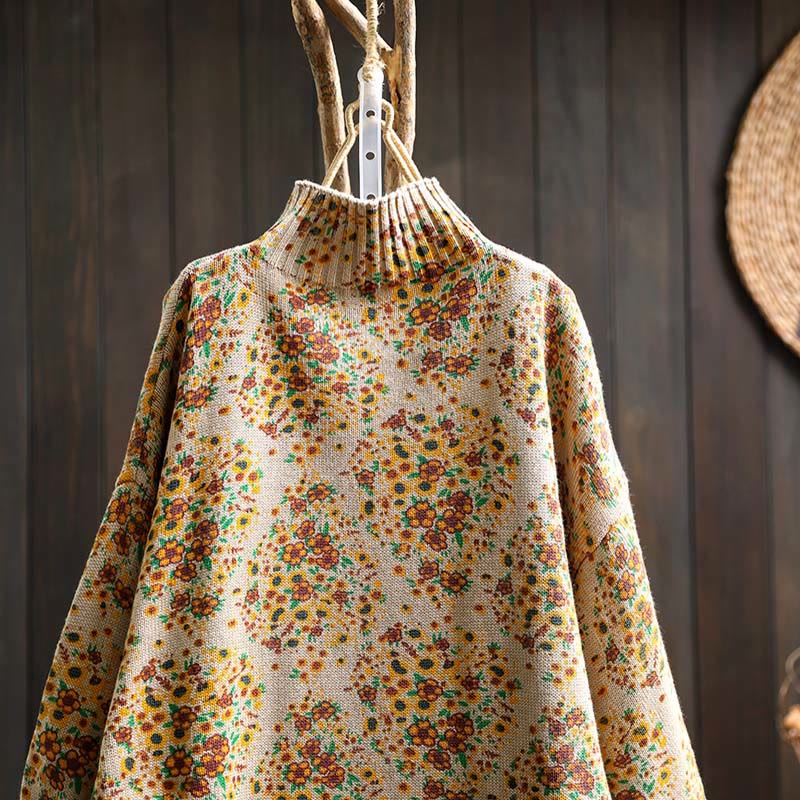 Buddha Stonesレディース ニット フローラル コットン リブヘム 長袖 モックネック セーター - image 4