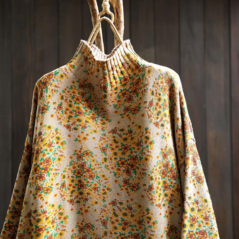 Buddha Stonesレディース ニット フローラル コットン リブヘム 長袖 モックネック セーター - image 2