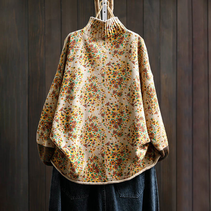 Buddha Stonesレディース ニット フローラル コットン リブヘム 長袖 モックネック セーター - image 1