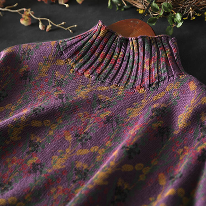 Buddha Stonesニット植物柄長袖モックネックレディースコットンセーター - image 10