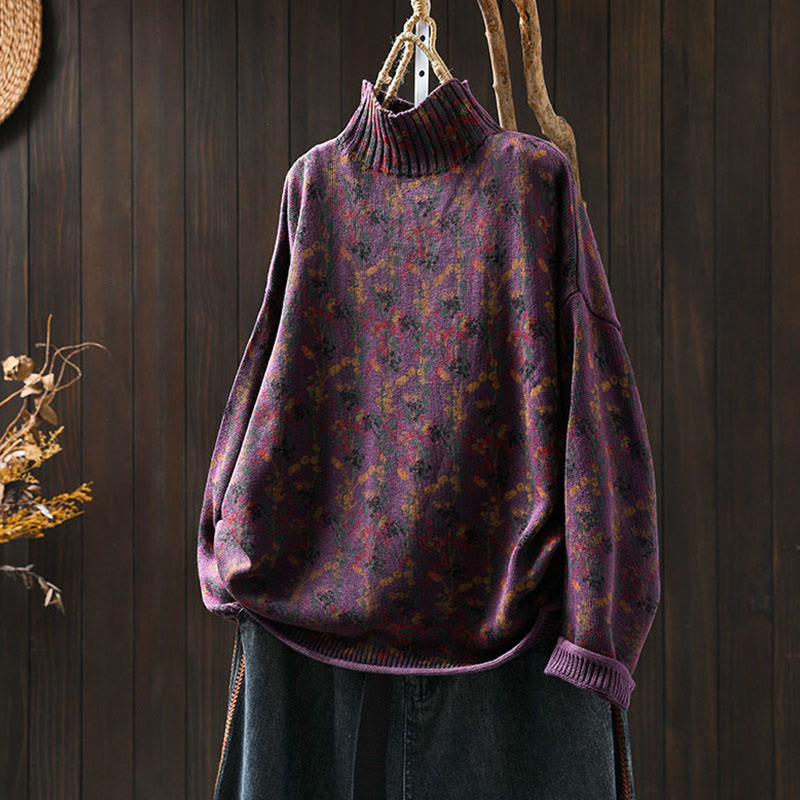 Buddha Stonesニット植物柄長袖モックネックレディースコットンセーター - ダークマゼンタ - US4-6、 UK/AU8-10、 EU36-38 (F) - image 6