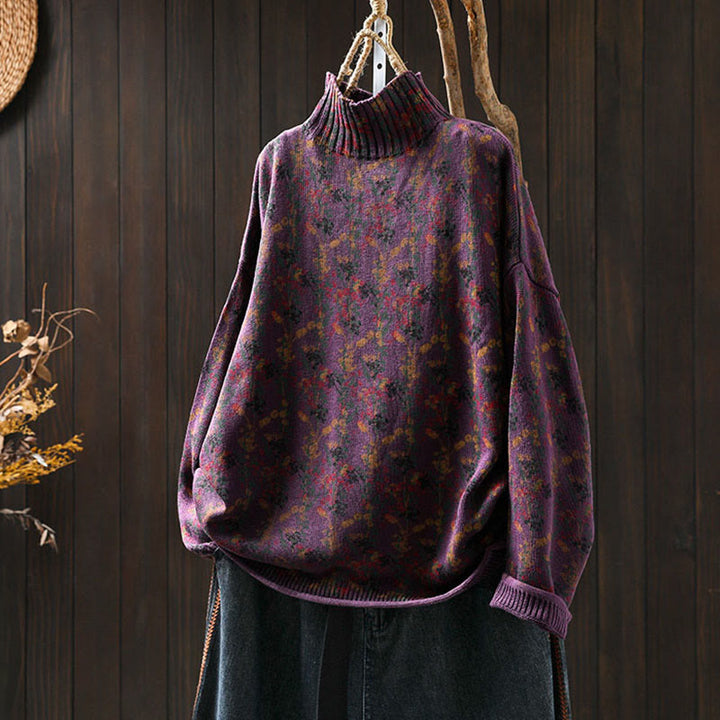 Buddha Stonesニット植物柄長袖モックネックレディースコットンセーター - ダークマゼンタ - US4-6、 UK/AU8-10、 EU36-38 (F) - image 6