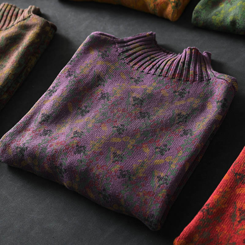 Buddha Stonesニット植物柄長袖モックネックレディースコットンセーター - image 16