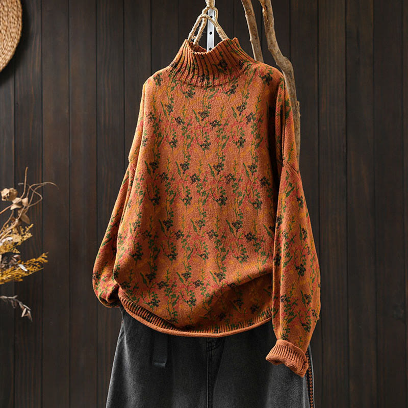 Buddha Stonesニット植物柄長袖モックネックレディースコットンセーター - ダークオレンジ - US4-6、 UK/AU8-10、 EU36-38 (F) - image 2