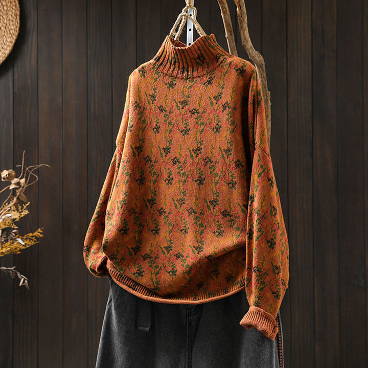 Buddha Stonesニット植物柄長袖モックネックレディースコットンセーター - ダークオレンジ - US4-6、 UK/AU8-10、 EU36-38 (F) - image 2