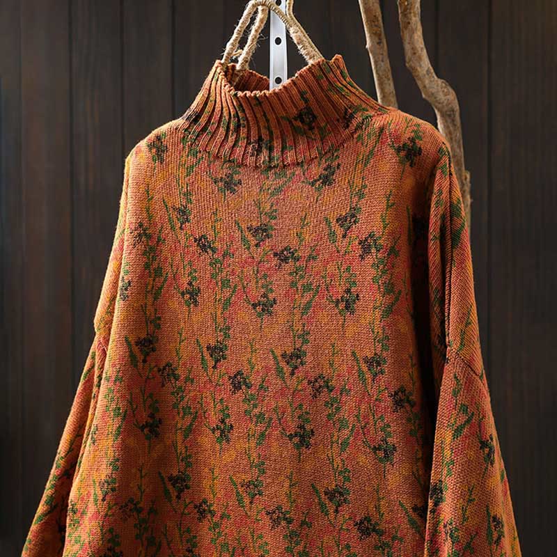 Buddha Stonesニット植物柄長袖モックネックレディースコットンセーター - image 3