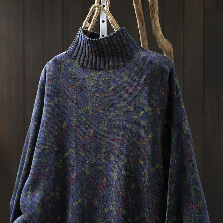 Buddha Stonesニット植物柄長袖モックネックレディースコットンセーター - image 19