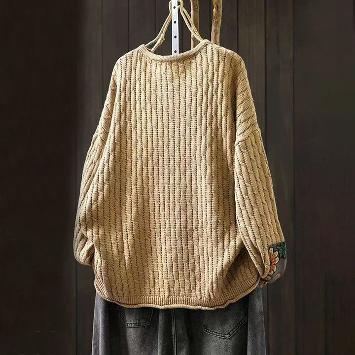 Buddha Stones冬用パッチワークデザイン 長袖 クルーネック レディース コットンセーター - image 2