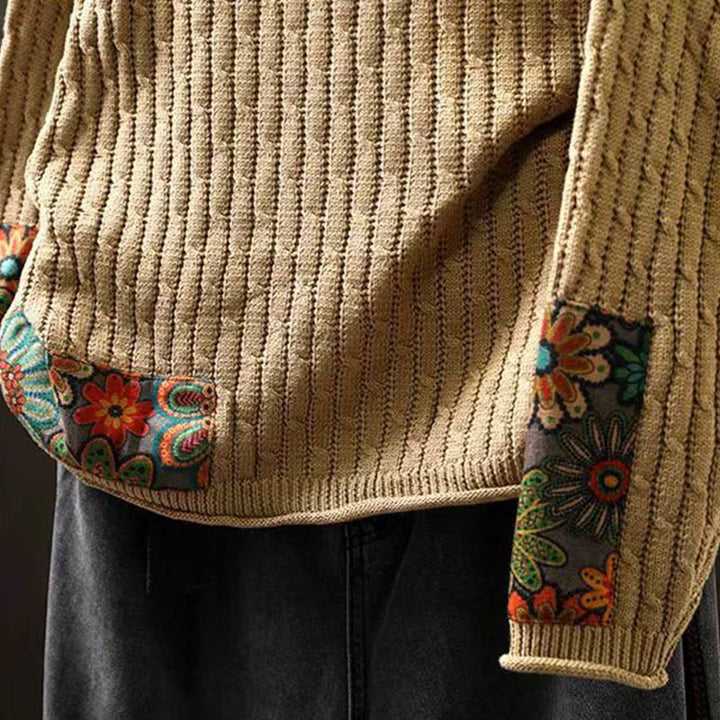 Buddha Stones冬用パッチワークデザイン 長袖 クルーネック レディース コットンセーター - image 7