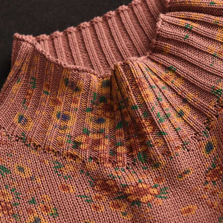 Buddha Stones秋 プリント 花柄 長袖 モックネック レディース ニット コットン セーター - image 3