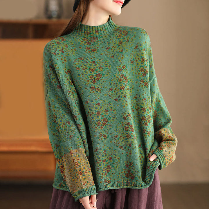 Buddha Stonesの秋プリント花柄長袖モックネックレディースニットセーター - image 17