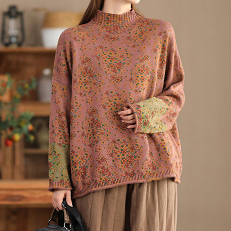 Buddha Stonesの秋プリント花柄長袖モックネックレディースニットセーター - image 1