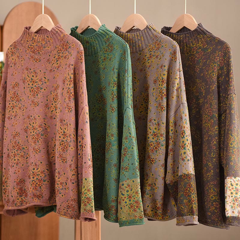 Buddha Stones秋 プリント 花柄 長袖 モックネック レディース ニット コットン セーター - image 19