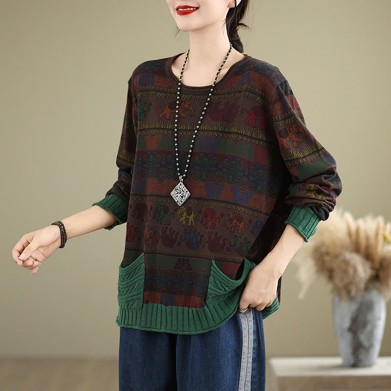 Buddha Stones秋 象柄 ニット コットン レディース 長袖 セーター ポケット付き - image 16