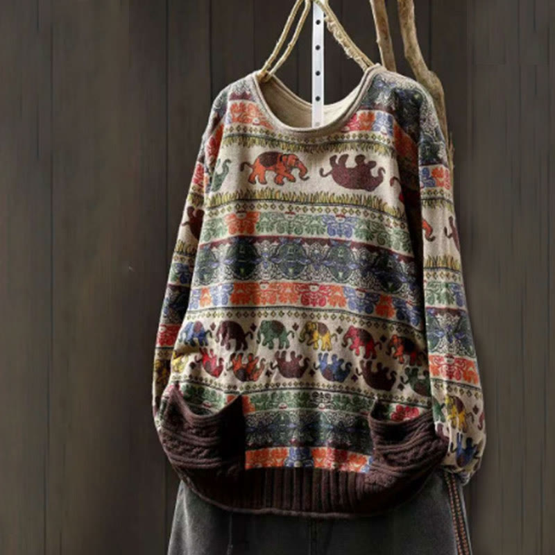 Buddha Stones秋 象柄 ニット コットン レディース 長袖 セーター ポケット付き - image 5