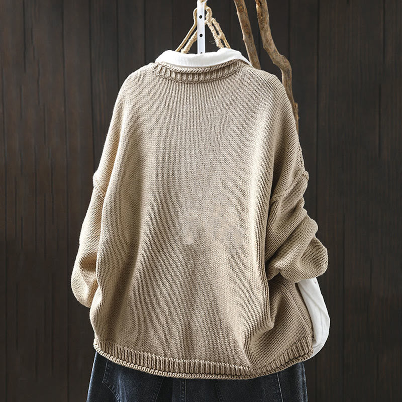 Buddha Stonesパッチワーク図柄ボタンコットンレディース長袖カーディガンセーター - image 1