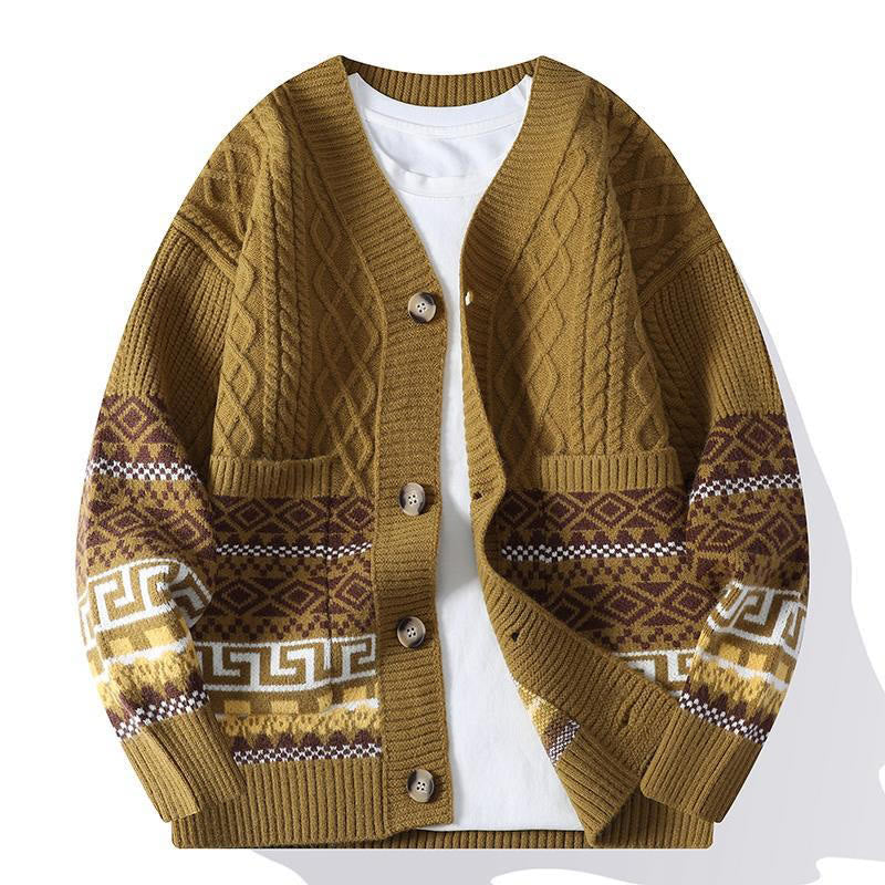Buddha Stonesジャカード エスニック 長袖 メンズ ニット セーター ポケット付き - ダークゴールデンロッド - US/UK/AU44、 EU54 (4XL) - image 8