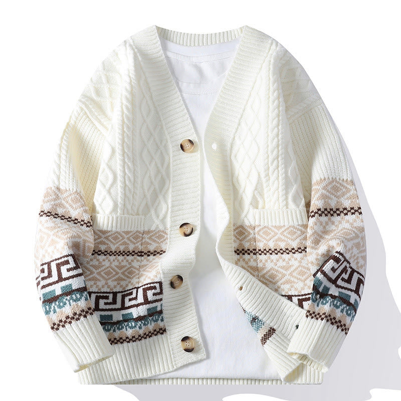 Buddha Stonesジャカード織りエスニック長袖メンズニットセーター（ポケット付き） - 白 - US/UK/AU44、 EU54 (4XL) - image 0