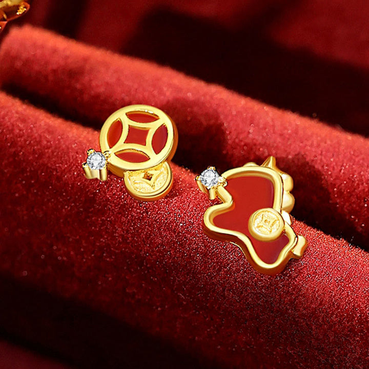 Buddha Stones925スターリングシルバー 馬年赤紐レッドアゲート コインチャーム幸運ブレスレット - ゴールデンホースイヤリング - image 20