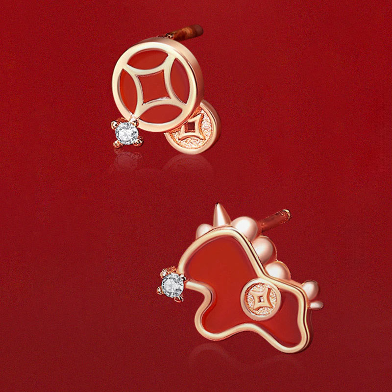 Buddha Stones925スターリングシルバー コイン型 レッドアゲート 馬年 非対称 守護 イヤリング - image 1