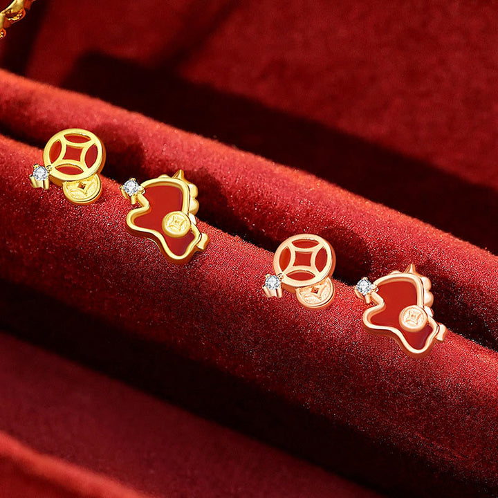 Buddha Stones925スターリングシルバー コイン型 レッドアゲート 馬年 非対称 守護 イヤリング - image 7