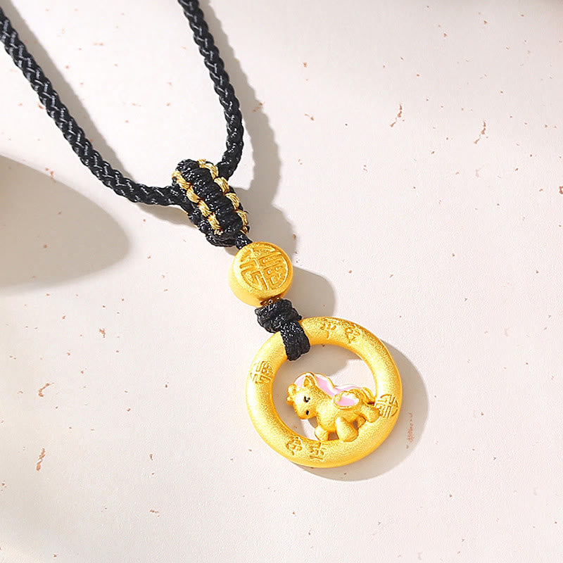 Buddha Stones925スターリングシルバー 馬年平和のお守りチャーム福の字 幸運のネックレスペンダント - 馬の黒い紐ネックレス - image 1