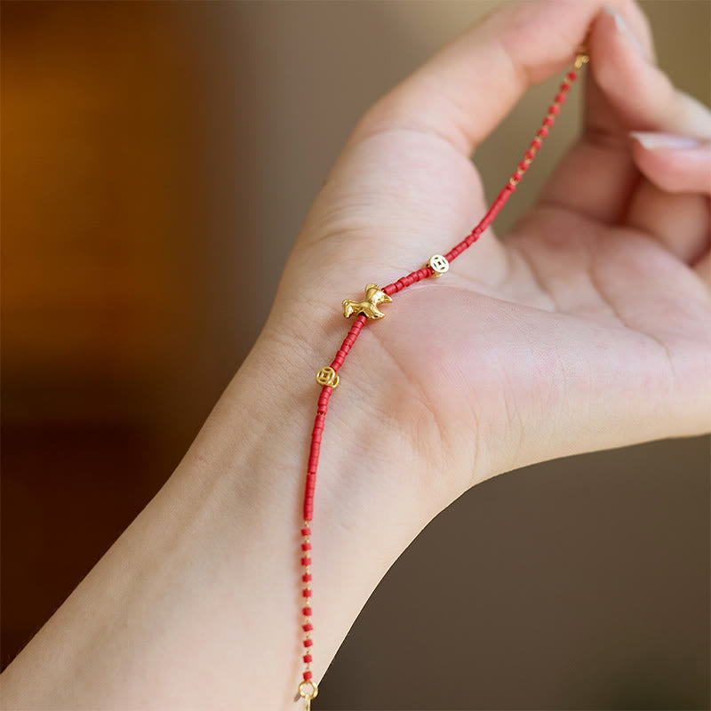 Buddha Stones925 スターリングシルバー ゴールドメッキ 馬年 レッド リュウリ ガラス 仏陀豊かさブレスレット - image 3