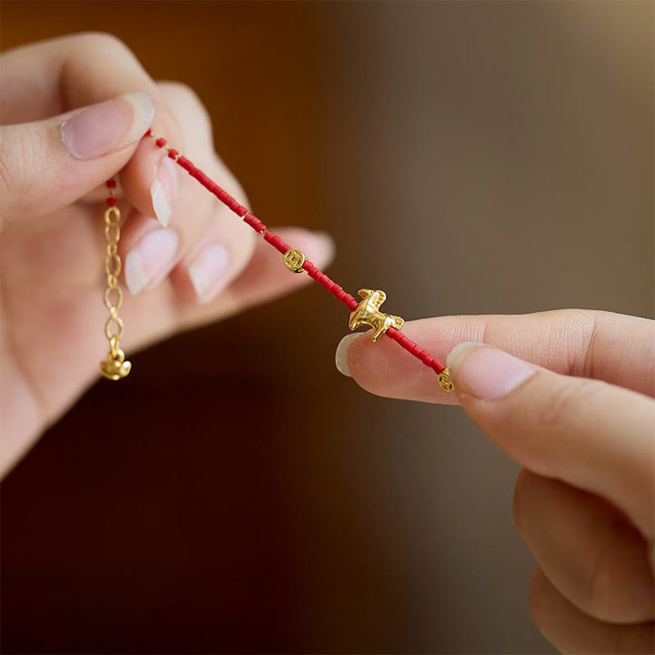 Buddha Stones925スターリングシルバー ゴールドメッキ 馬年 レッド リュウリガラス豊かさブレスレット - image 5